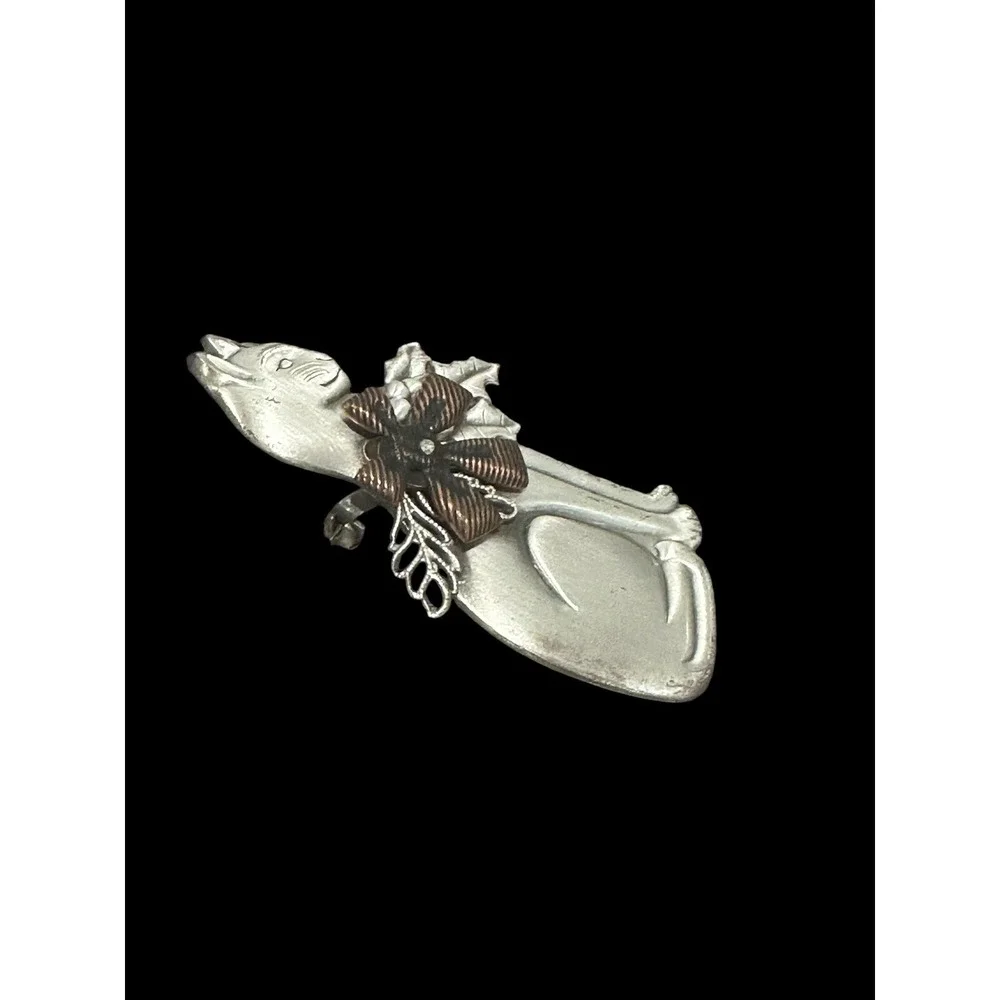 Vintage  Feline Brooch Pin Silver & Copper Tone  Christmas Holly